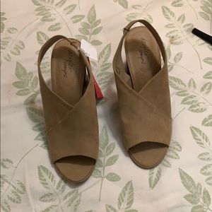 Tan short block heel sandals